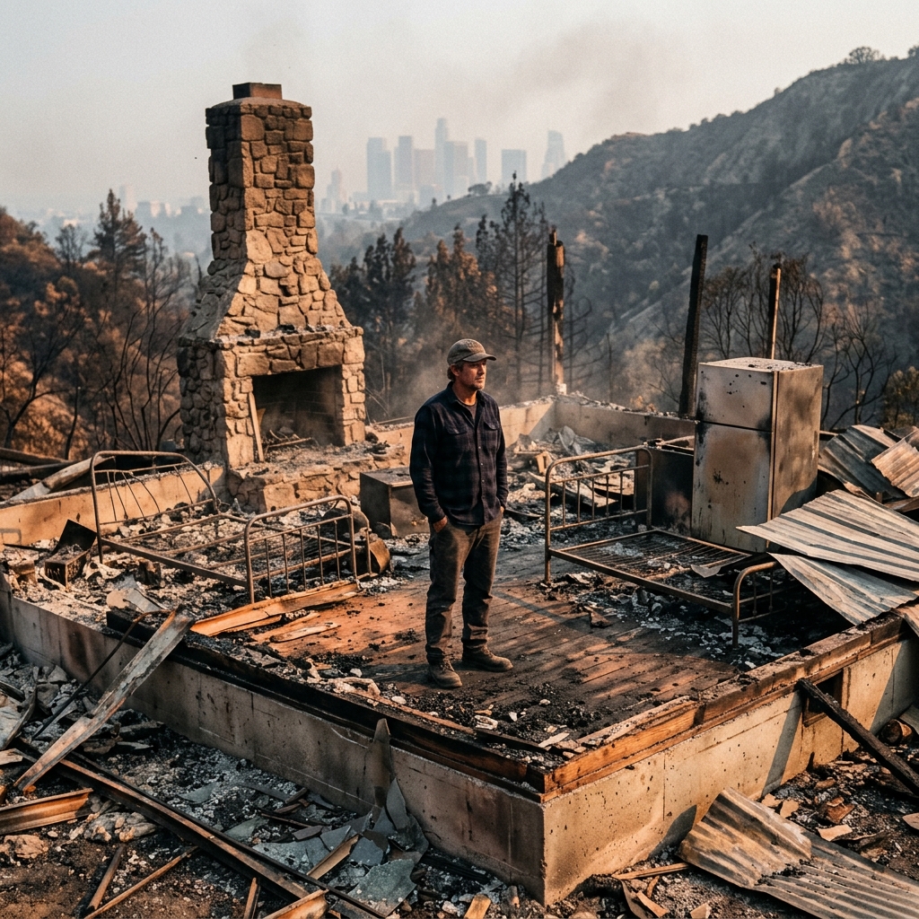 Spencer Pratt standing in the ruins of his burned home